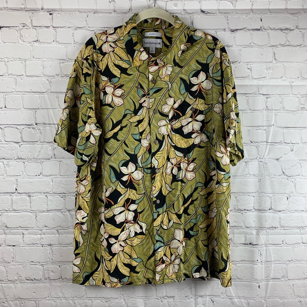 VINTAGE SADDLEBRED  Hawaiian Shirt Green w/Flowers & Palm Leaves EUC